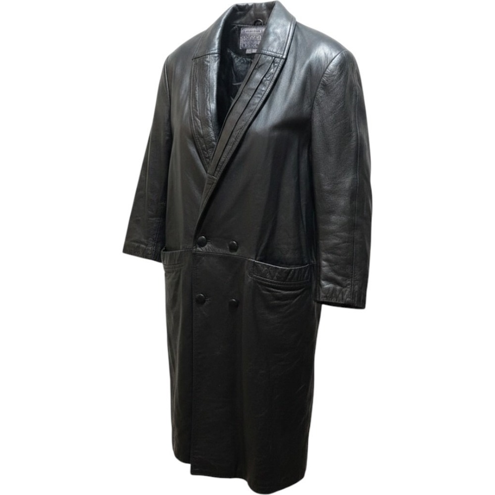 International Outerwear Black Leather Trench Coat Medium Double Breasted Vintage